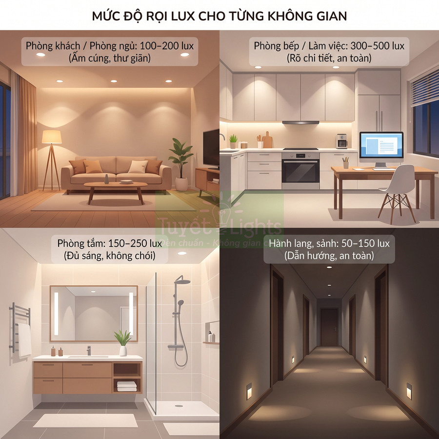 Minh họa mức độ chiếu sáng lux chuẩn cho phòng khách, bếp, phòng tắm và hành lang trong nhà